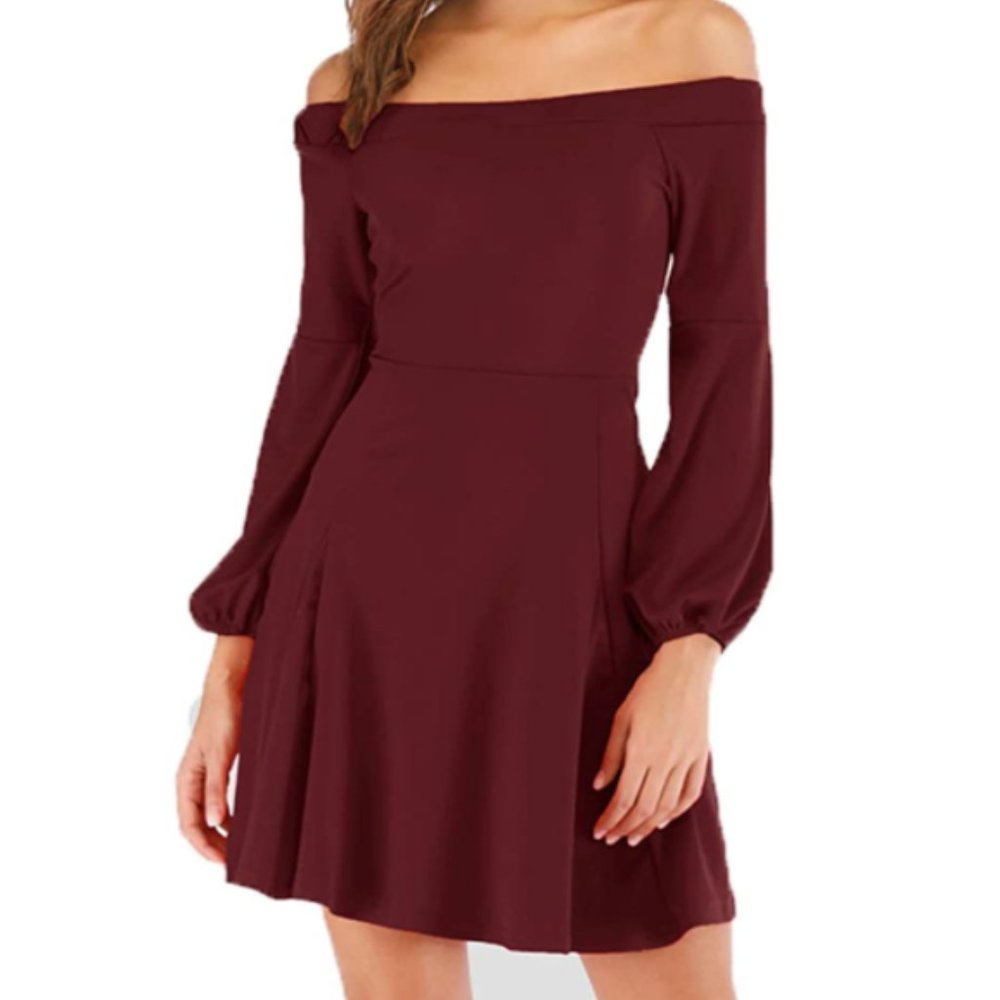 NWT Wine Off Shoulder Puff Sleeve Pockets Dress - Picture 1 of 3